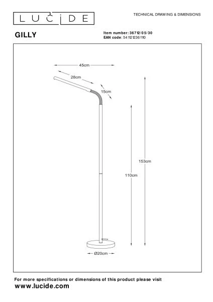 Lucide GILLY - Leeslamp - LED - 1x6W 2700K - Zwart - technisch